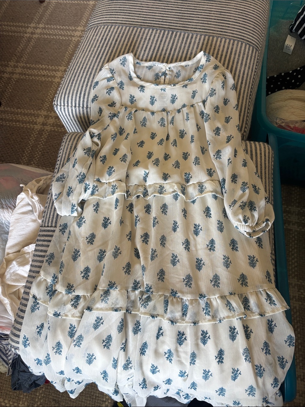 White Tiered Floral Dress with Blue Print size 10/12 girls
